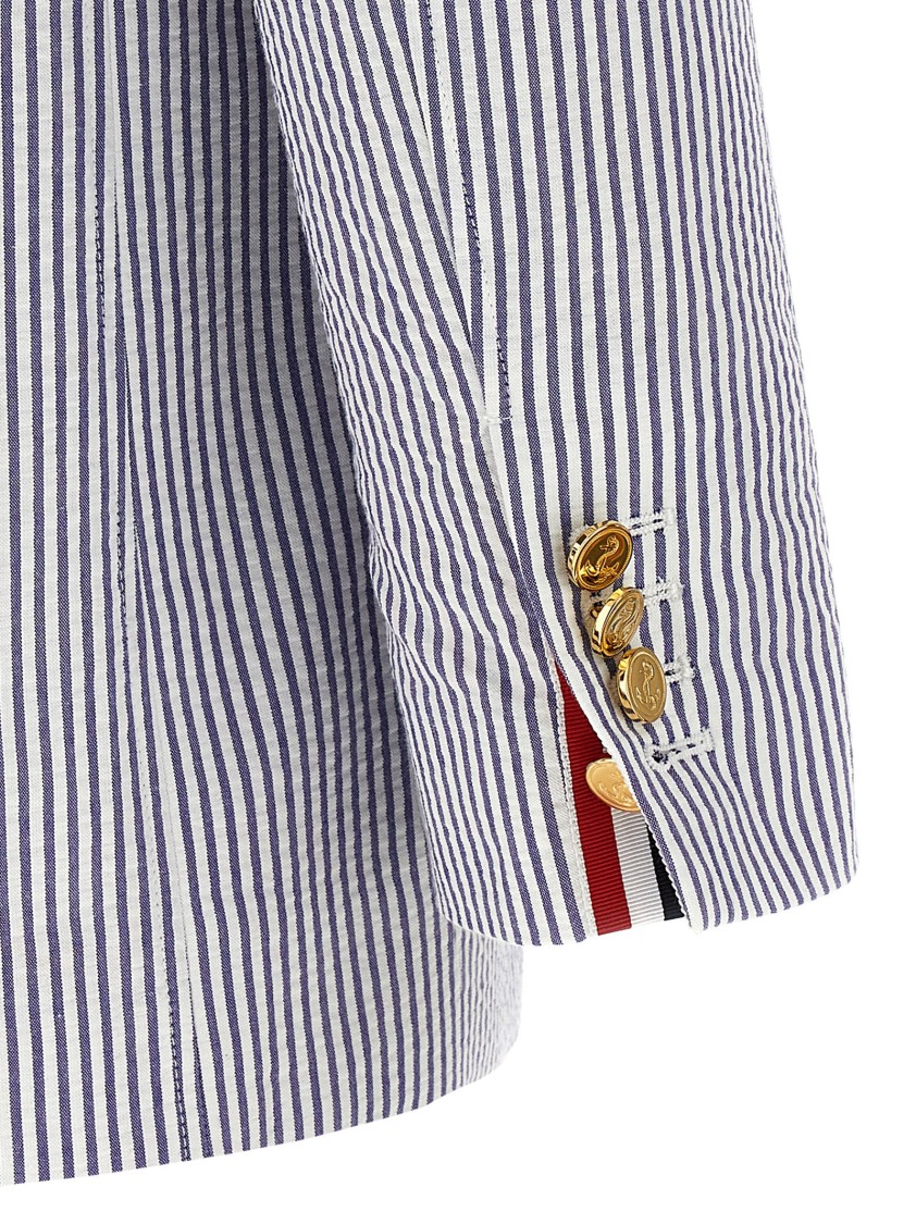 Thom Browne Striped Seersucker Blazer Featuring Patch Pockets In Blue