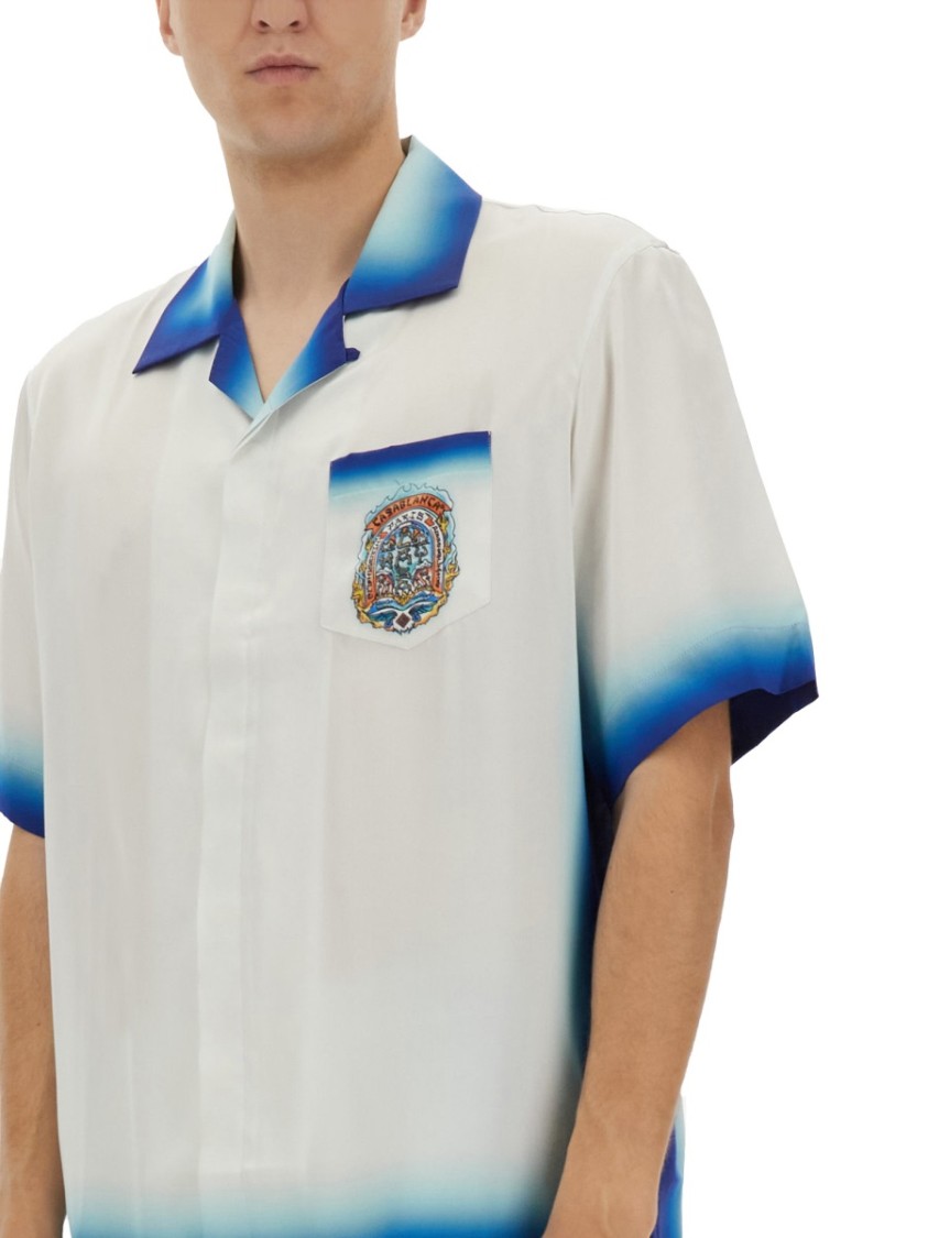 Casablanca White Shirt With Cuban Collar And Maxi Logo Printed On The Back In Silk Man In Multicolor