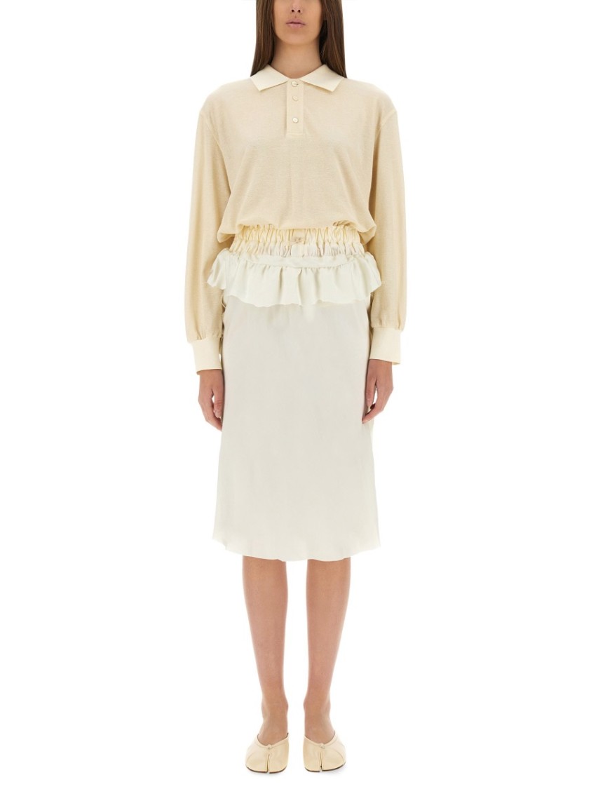 Maison Margiela White Midi Dress With Polo Collar And Gathered Waist In Neutral