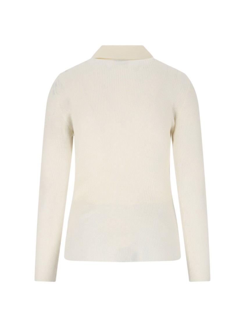 Moncler Ribbed Cotton-blend Top With Classic Collar In Neutral