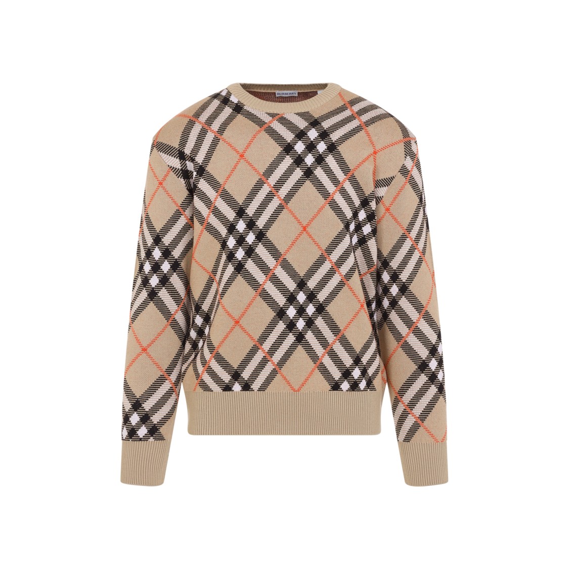Burberry Beige Crewneck Sweater With Check Motif In Wool And Mohair Woman In Neutrals