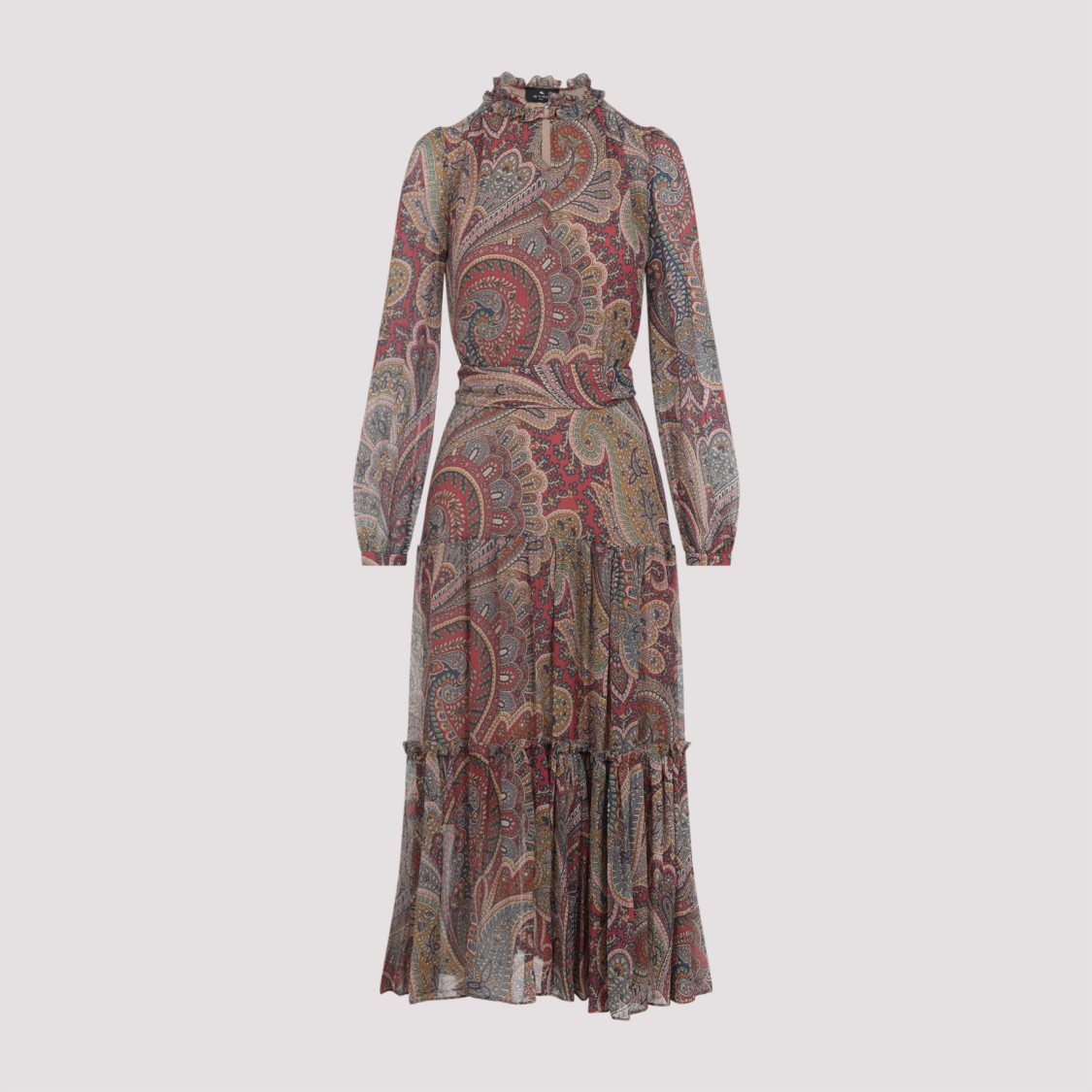 Etro High Neck Ruffle Maxi Dress With Paisley Print In Multi