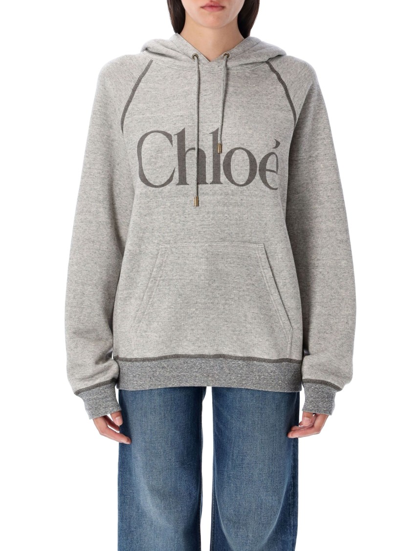 Chloé Cotton Blend Sweatshirt With Drawstring Hood And Logo In Gray