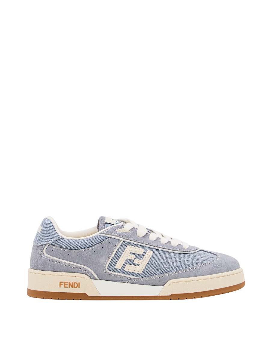 Shop Fendi Denim And Leather Trainers With Embossed Logo In Blue