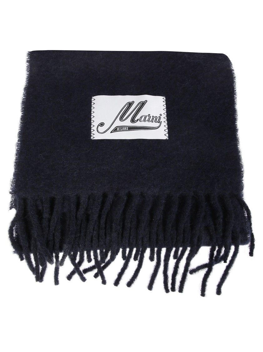 Marni Fringed Black Scarf With Logo Patch