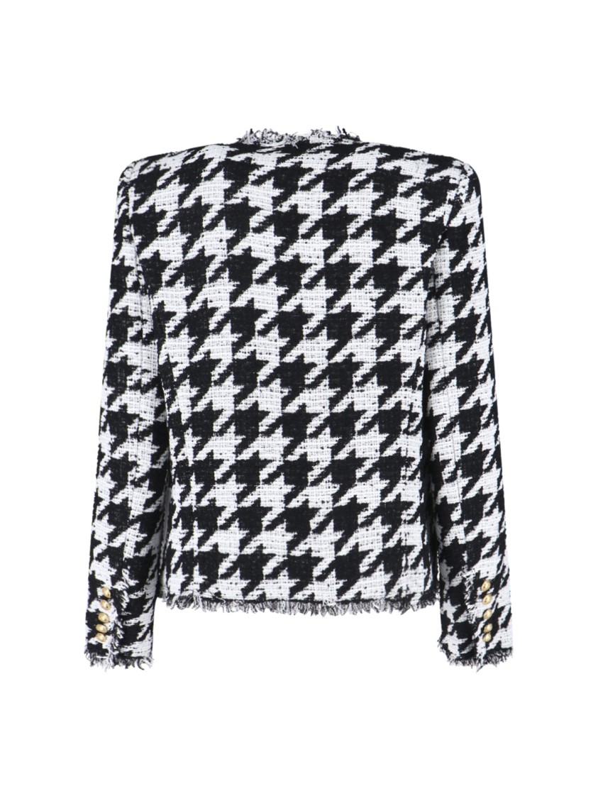 Balmain Spencer Black And White Jacket With All-over Check Motif And Fringed Hem In Cotton Blend Woman In Black