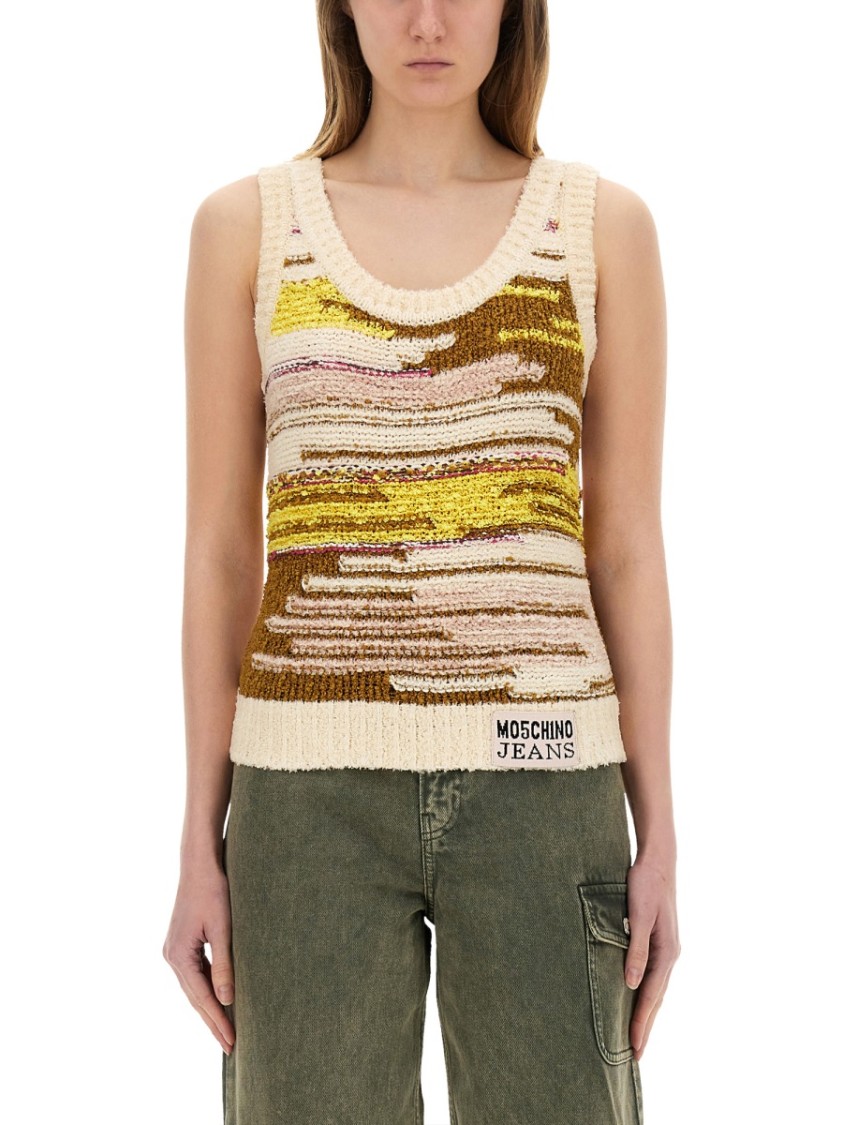 Moschino Textured Multicolor Knit Top With Artistic Stripes In Multicolor