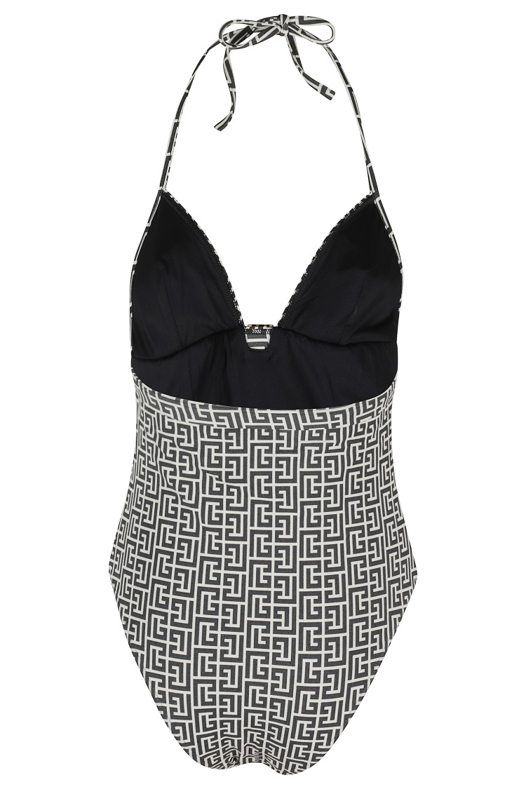 BALMAIN BALMAIN MONOGRAM TRIANGLE PATTERN ONE-PIECE SWIMSUIT - BLACK/IVORY 