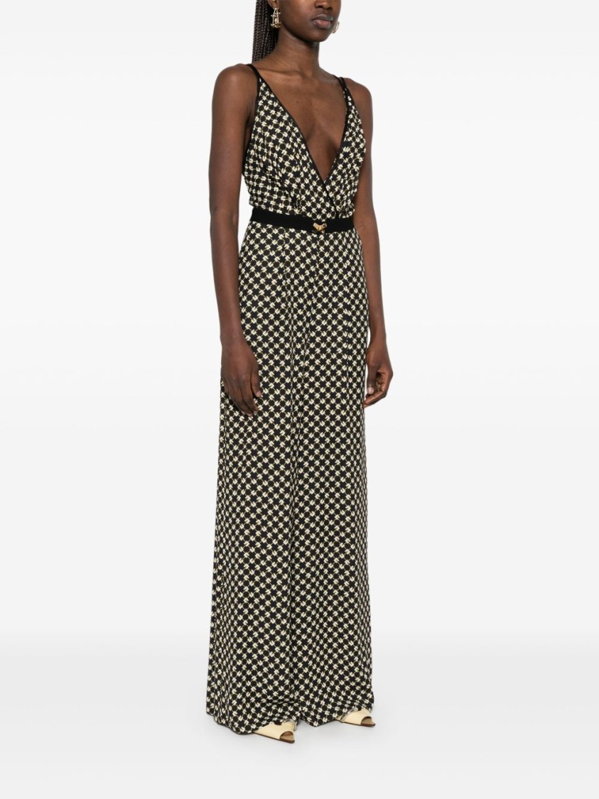 Elisabetta Franchi Black Pattern Jumpsuit With Rear Crossover Neck In Black