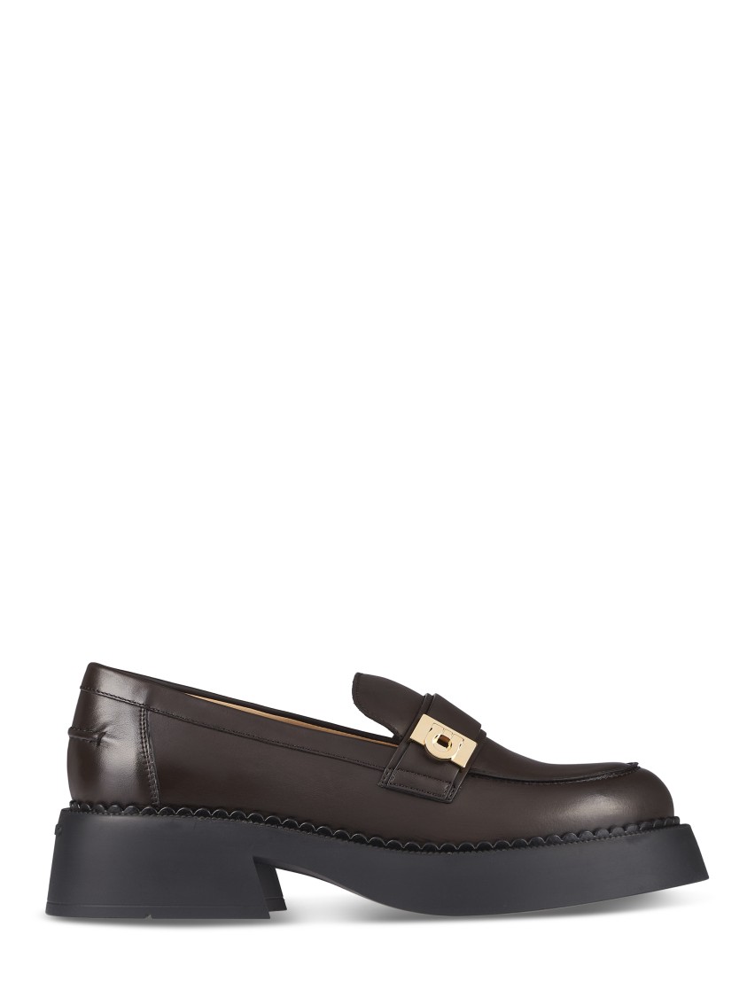 Ferragamo Rounded Toe Flat Shoes With Decorative Buckle And Block Heel In Black