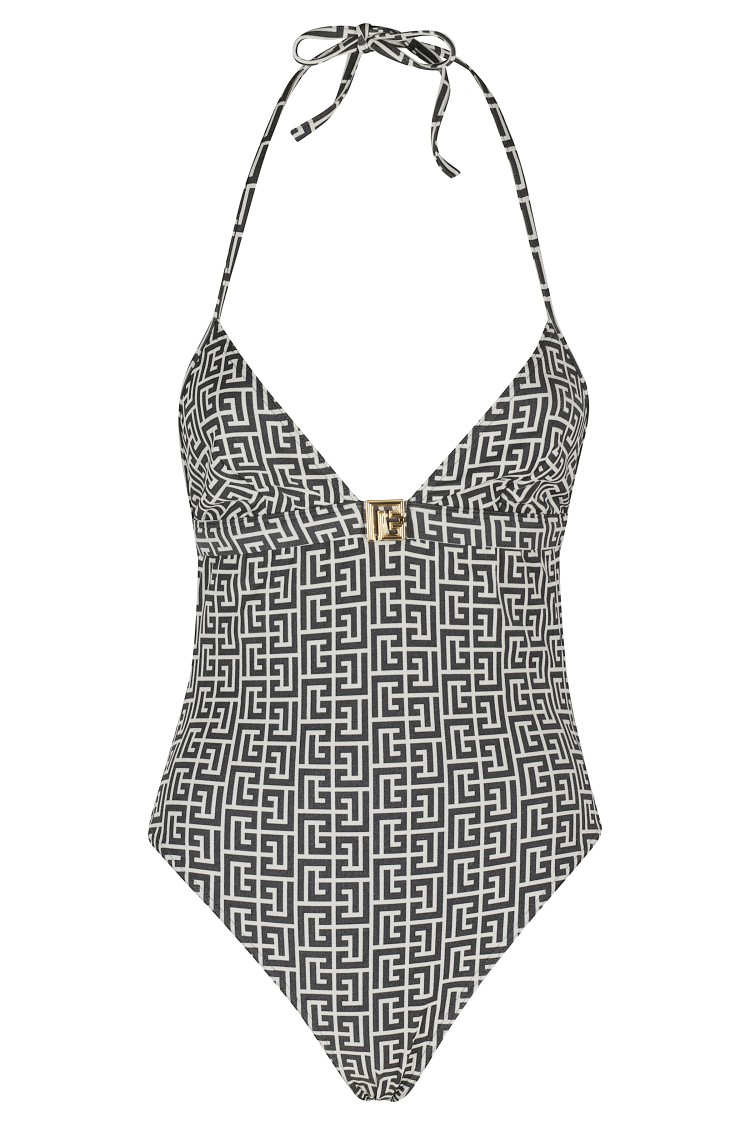 BALMAIN BALMAIN MONOGRAM TRIANGLE PATTERN ONE-PIECE SWIMSUIT - BLACK/IVORY 