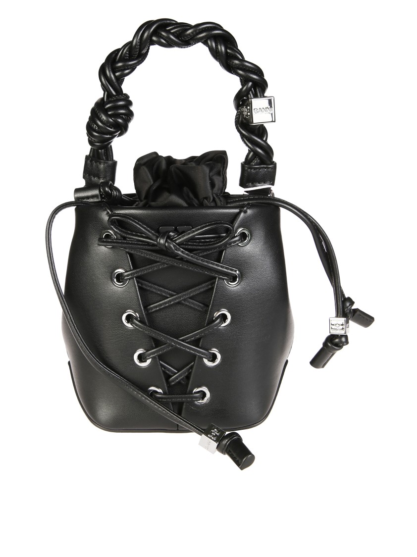 Ganni Mini Bucket Bag With Braided Handle In Black