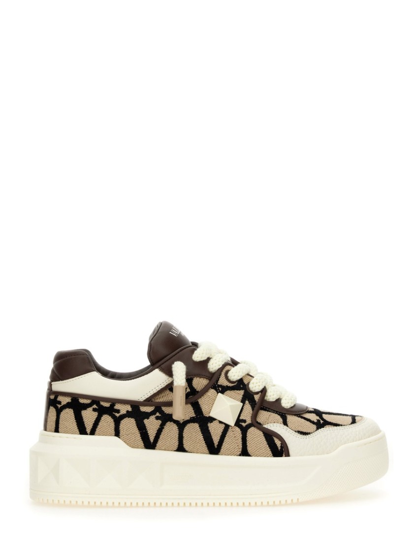 Valentino Garavani One Stud Xl Low-top Trainer In Nappa Leather And Toile Iconographe Fabric