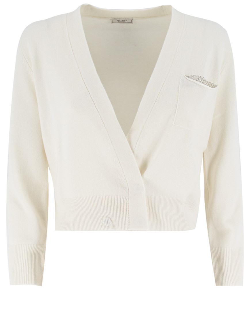 Peserico Natural White Wool Cardigan With Plunging Neckline In Neutrals