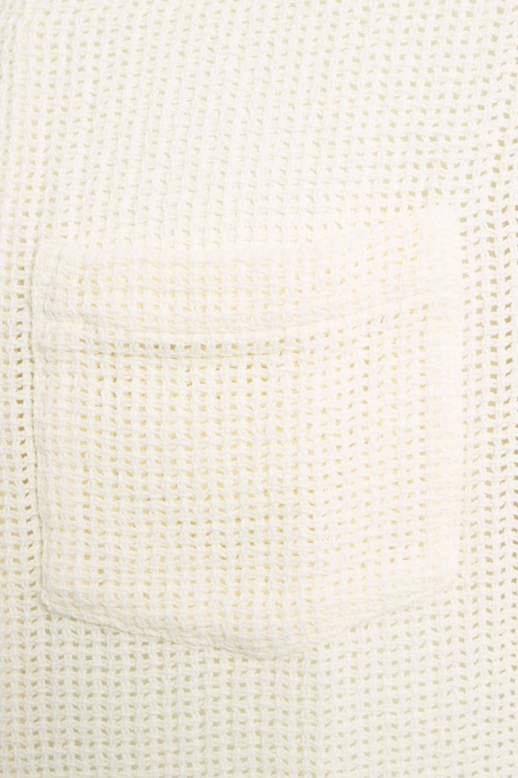 Shop Portuguese Short-sleeve Semi-transparent Crochet Shirt With Notched Lapels In Neutrals