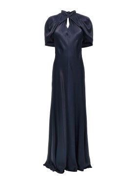 Alberta Ferretti Floral Embroidered Blue Dress With Deep V