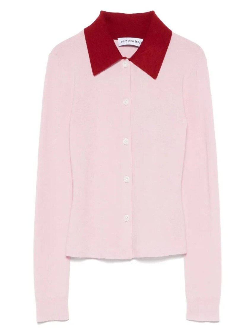 Self-portrait Wool Cardigan With Contrasting Collar In Pink