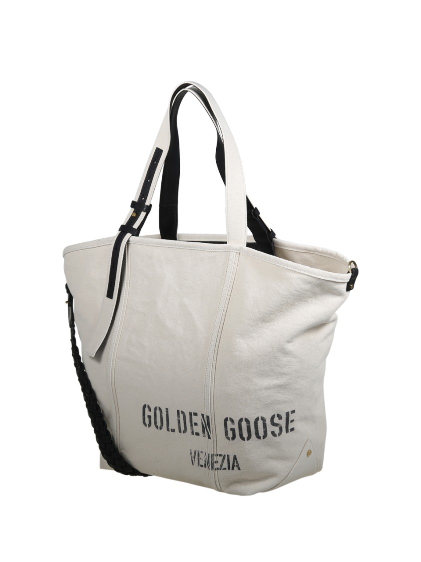 Golden Goose Spacious Beige Handbag With Dual Handles And Adjustable Strap In White