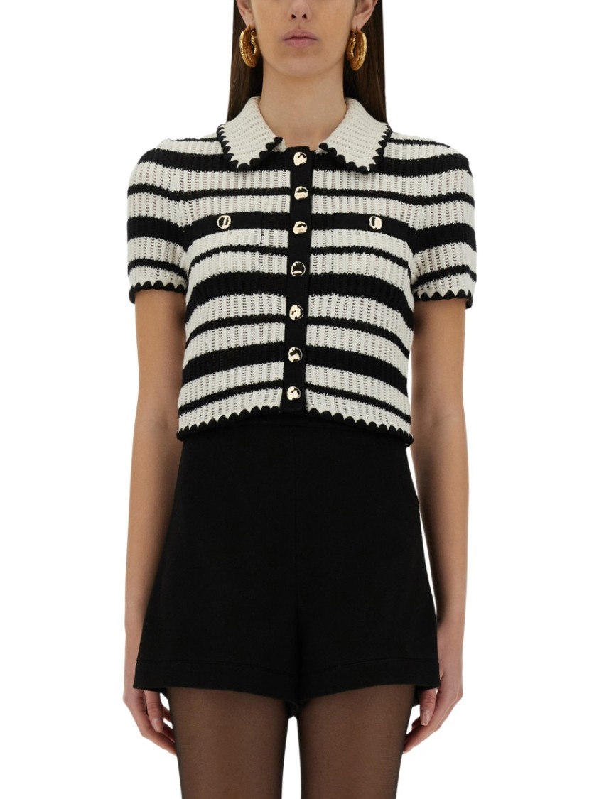 Shop Self-portrait Striped Crochet Top In Black