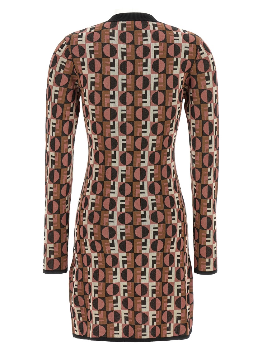 Fendi Shiny Jacquard Viscose Mini Dress With Geometric Pattern In Brown