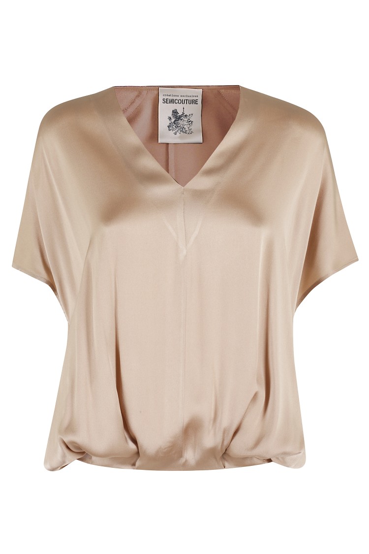 Semicouture Semi Couture Bronze Satin V-neck Blouse In Neutrals