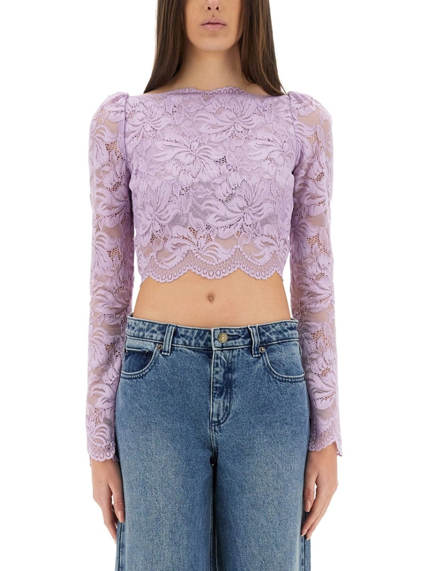 Rabanne Lavender Lace-effect Top With Boat Neckline In Purple