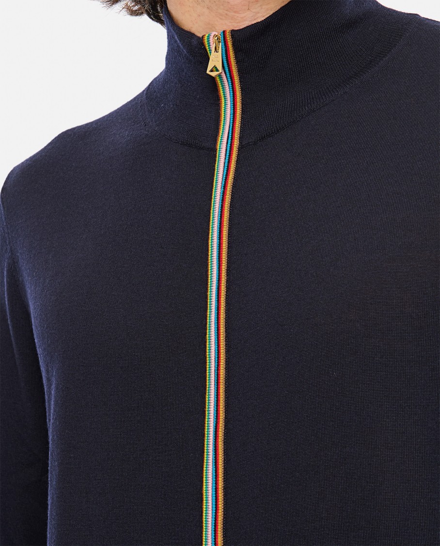 Shop Paul Smith Navy Washable Merino Wool 'signature Stripe' Zip Cardigan In Blue