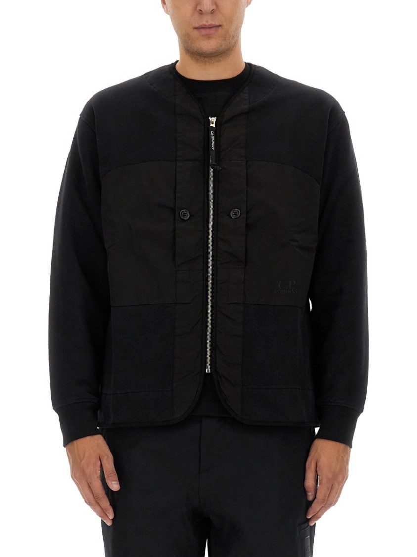 C.p. Company Zip Sweatshirt With Button And Patchwork In Black
