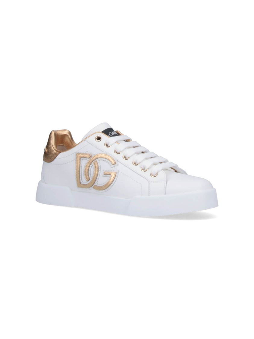 Dolce & Gabbana Portofino Logo Detail Leather Sneakers In White