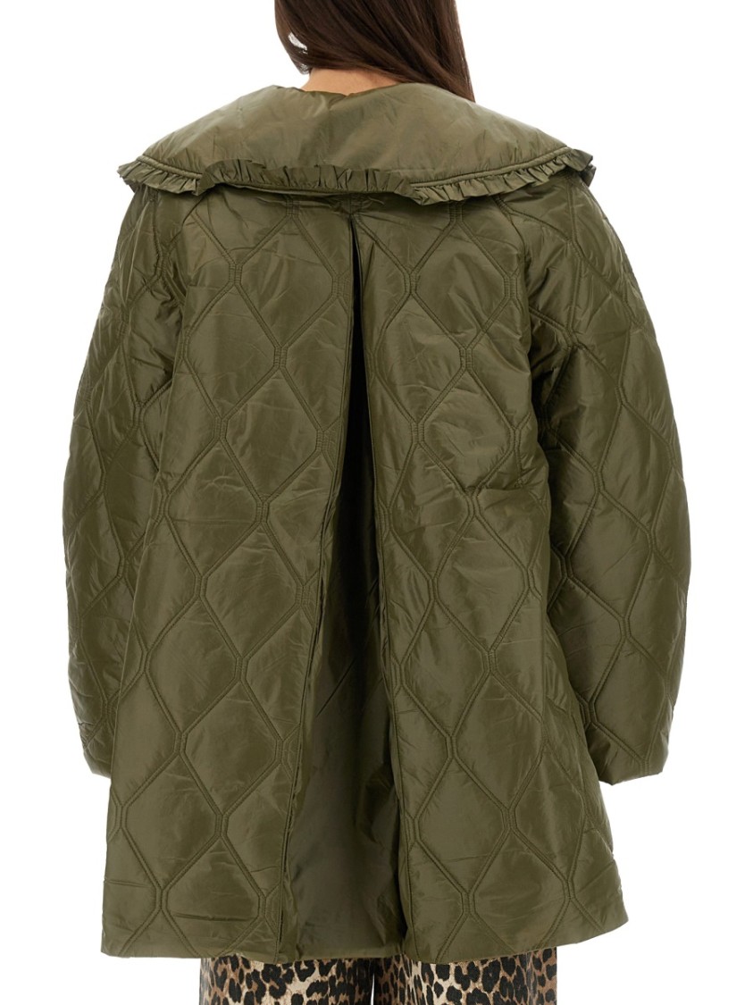 Ganni Lightweight Down Jacket With Oversized Collar In Green