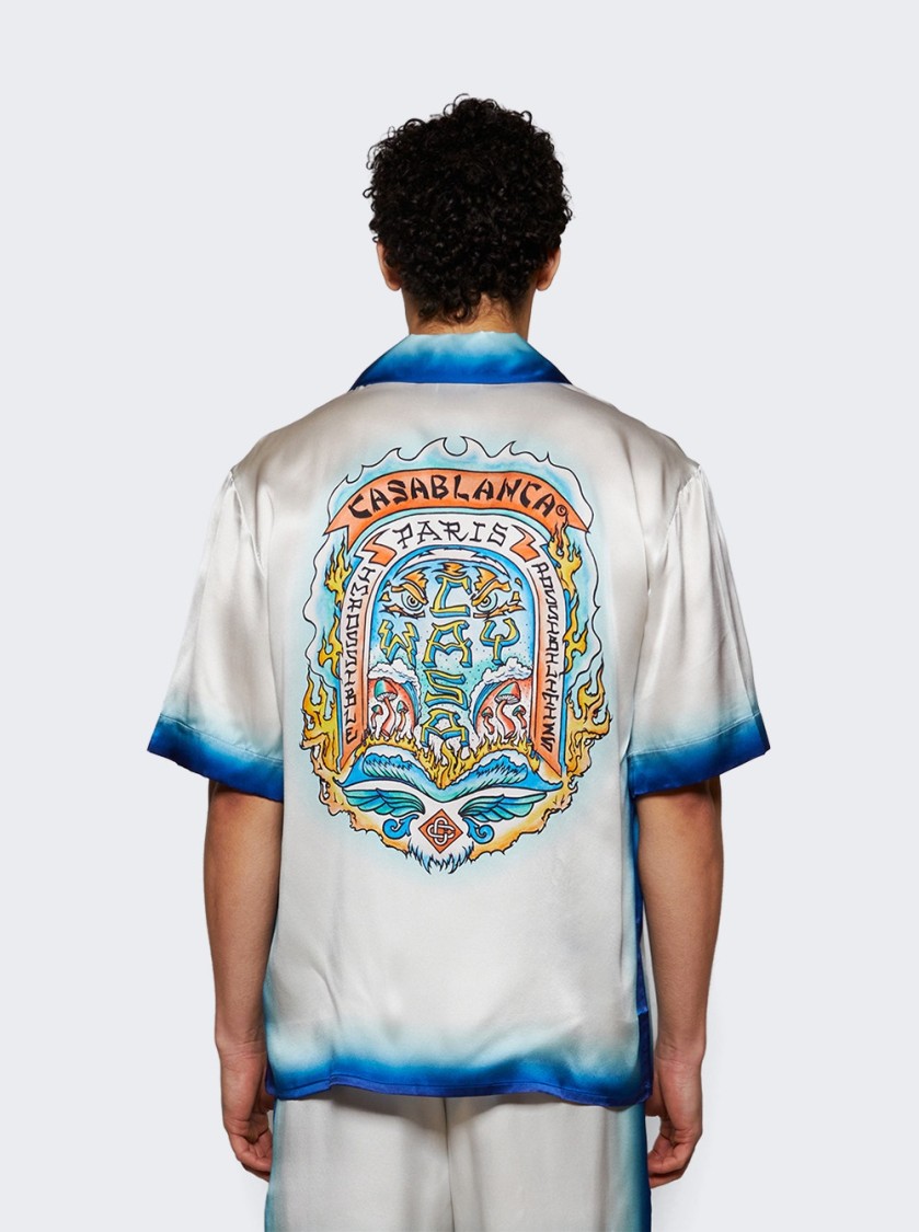 Casablanca White Shirt With Cuban Collar And Maxi Logo Printed On The Back In Silk Man In White