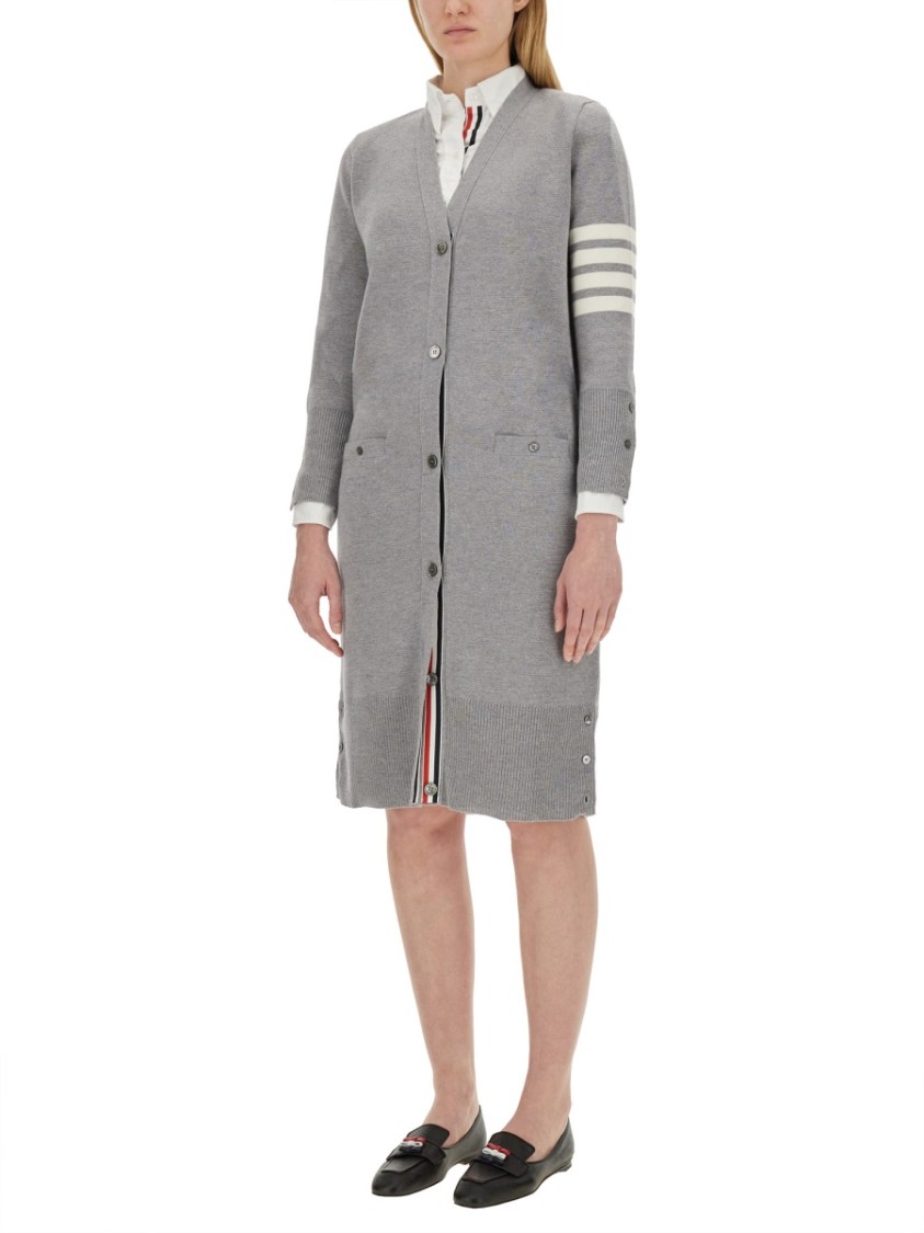 Shop Thom Browne Virgn Wool Cardigan Dress With Sporty Stripe Detail