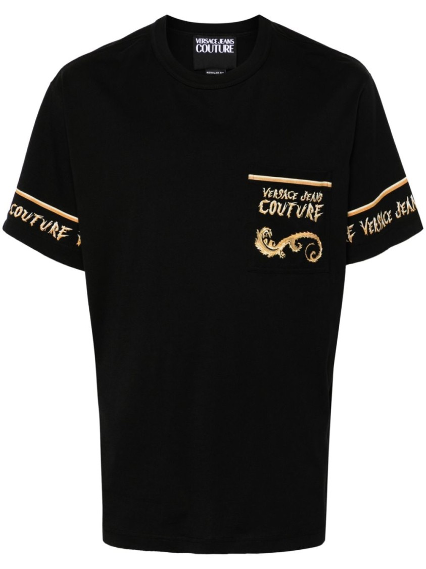 VERSACE JEANS COUTURE VERSACE JEANS COUTURE COTTON BLACK T-SHIRT WITH EMBROIDERED POCKET 
