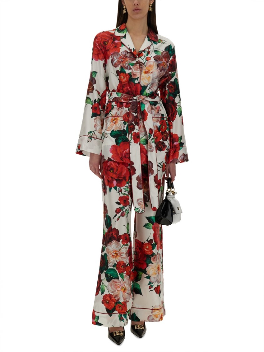 Dolce & Gabbana Satin Pajama Pants With Rose Print In Multicolor