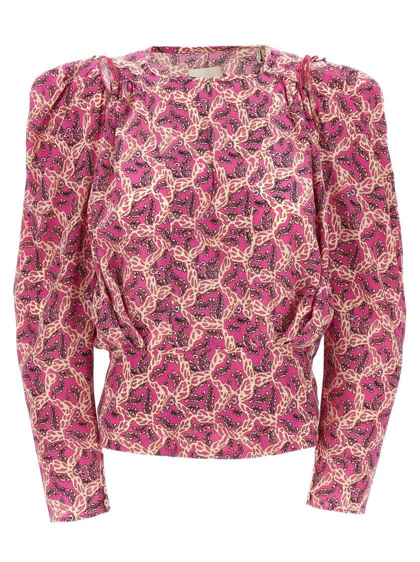Isabel Marant Printed Blouse With Buttoned Cuffs And Ruched Shoulders In Pink
