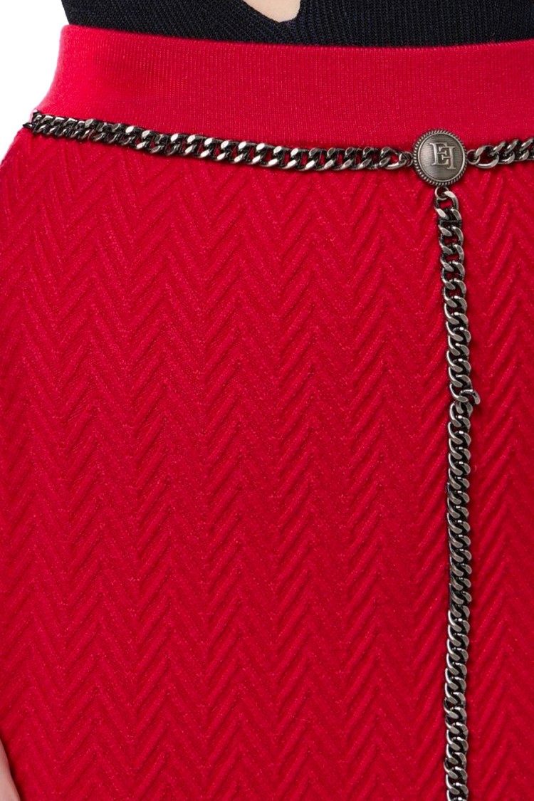 Elisabetta Franchi Textured Herringbone Midi Skirt With Chain Detail In Red