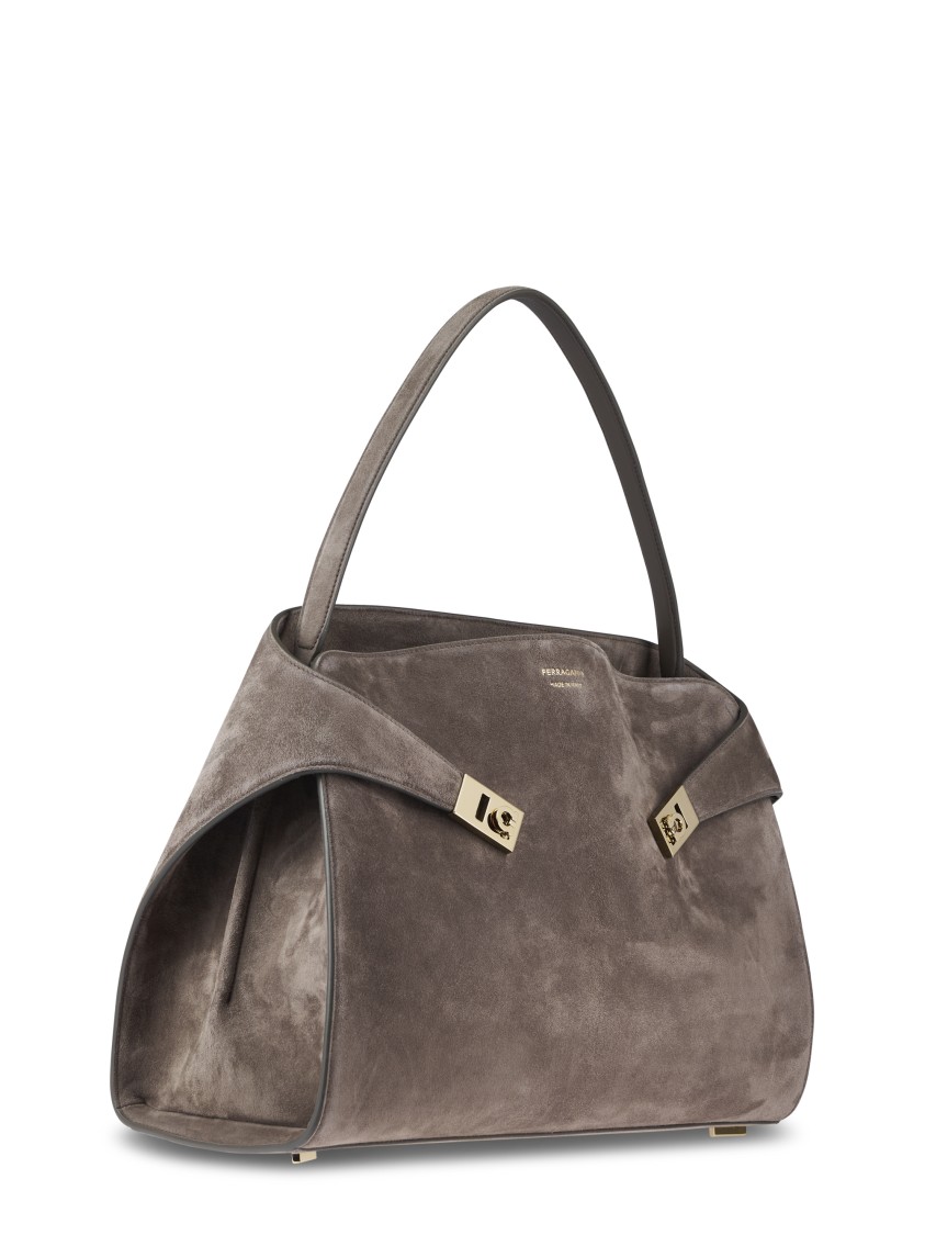 Ferragamo Structured Suede Bag With Gold-tone Hardware In Gray