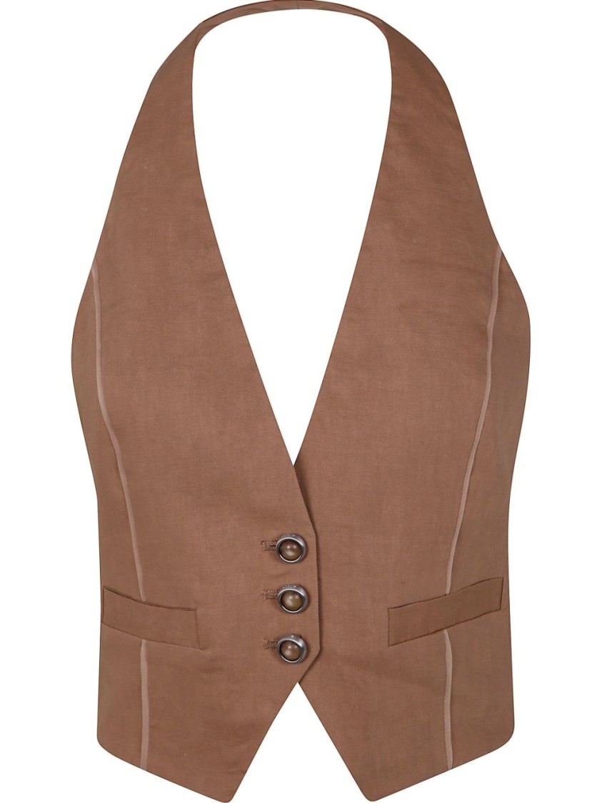 Pinko Tailored Brown Vest With V-neckline And Button Detail In Brown