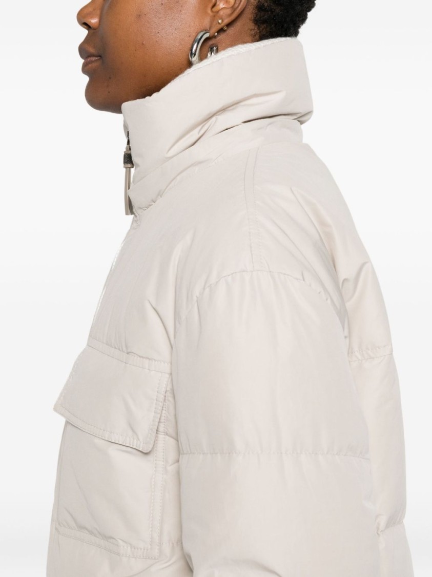 Brunello Cucinelli Nylon And Cotton Hooded Down Jacket In Neutral