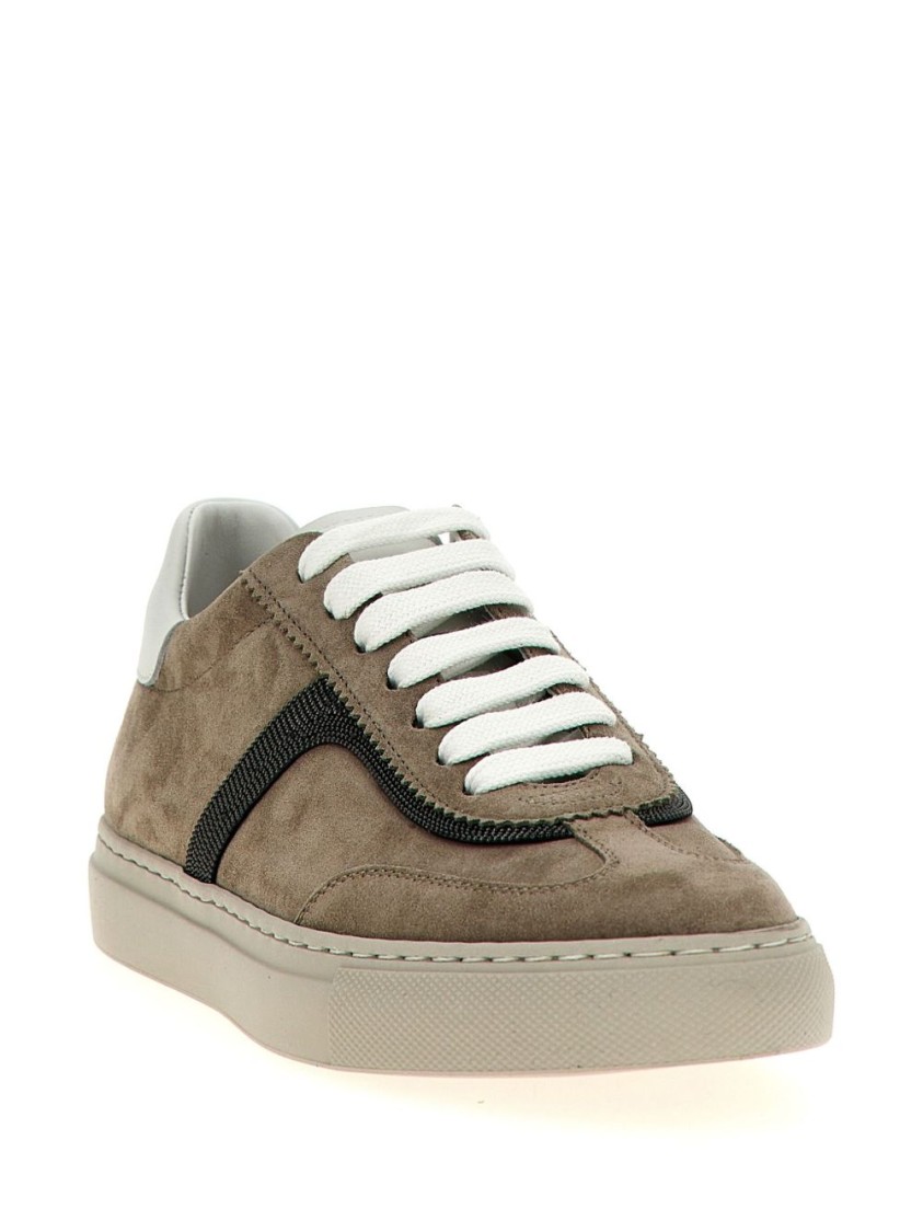 Brunello Cucinelli Round Toe White Sneakers With Monili Detail In Brown