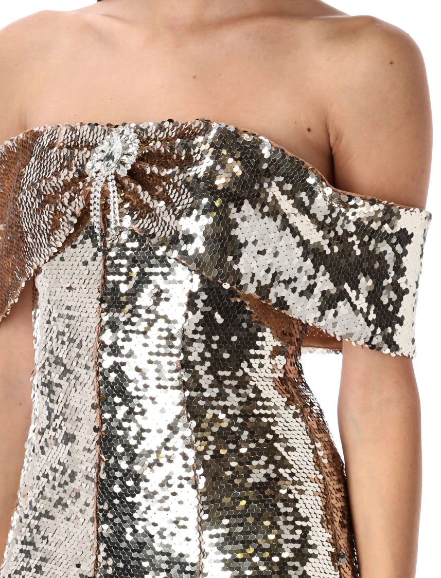 Shop Self-portrait Sequin Off-shoulder Mini Dress In Gold
