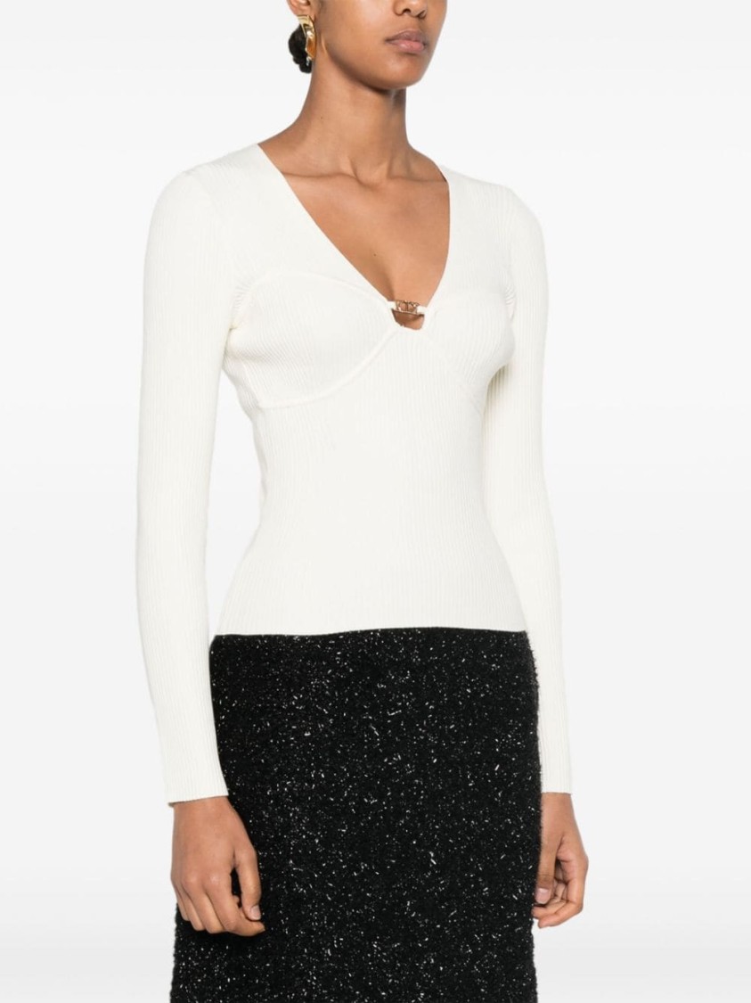 Twinset Twin-set Chic Twin-set Sweater With Elegant V-neck And Decorative Detail In White