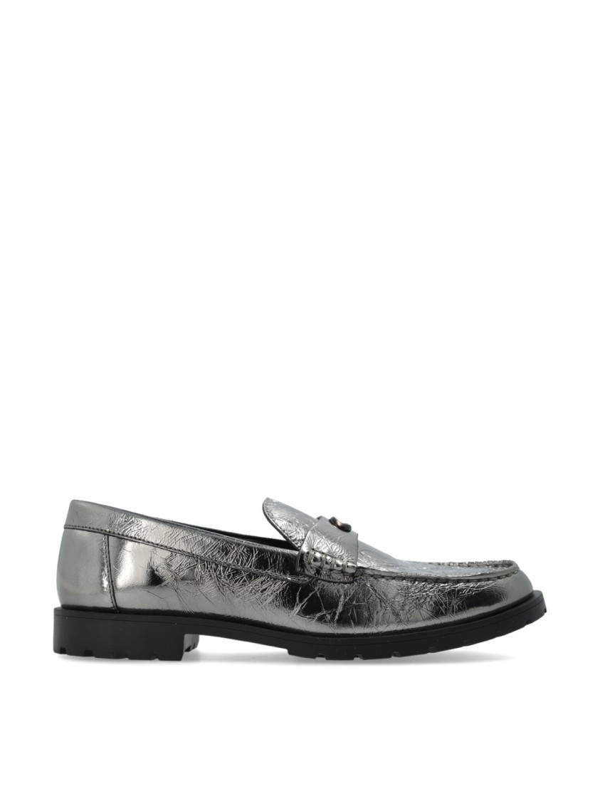 Coach Jocelyn Crinkle Leather Logo Loafers In Gray