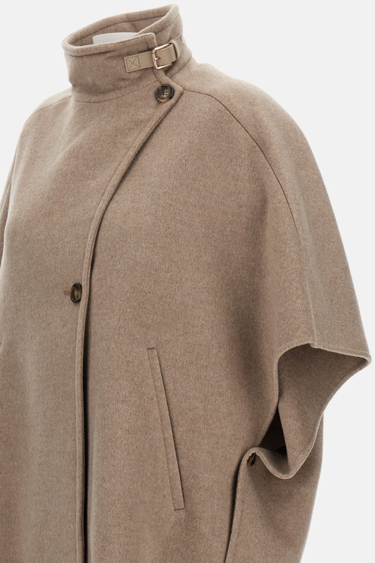 Max Mara Short-sleeve Wool Coat With Buckle Detail And Side Pockets In Brown