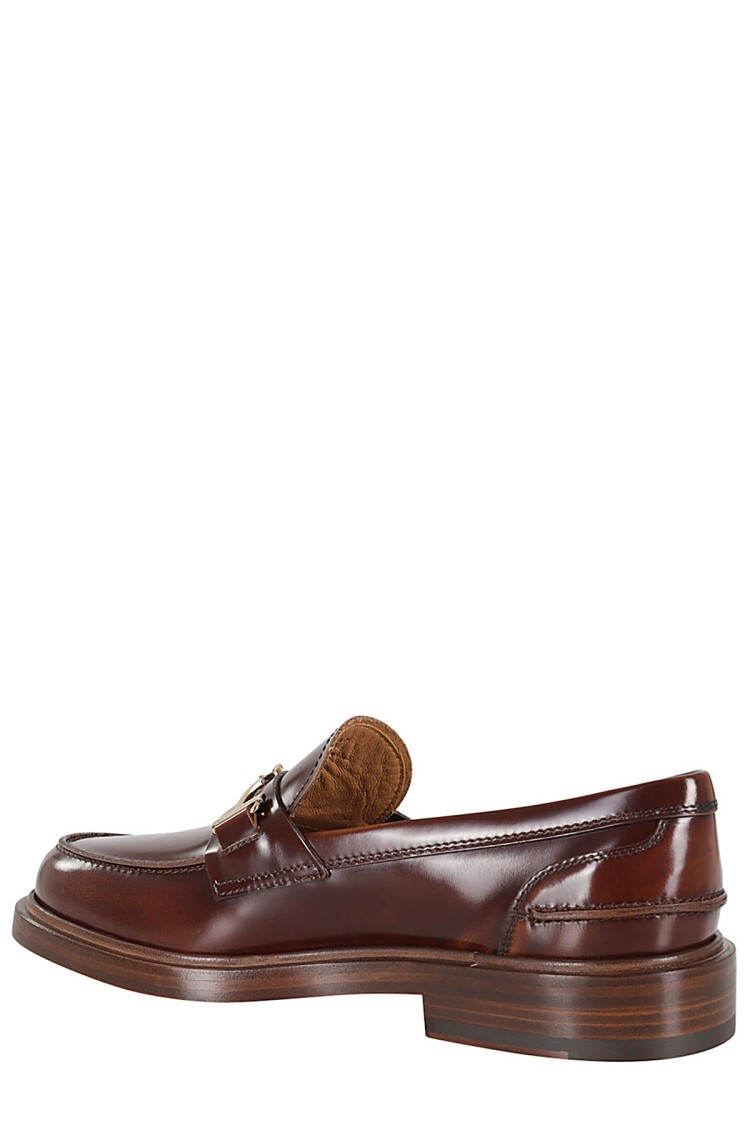 Shop Tod's Brushed Leather Loafer With Gold Buckle Detail In Brown