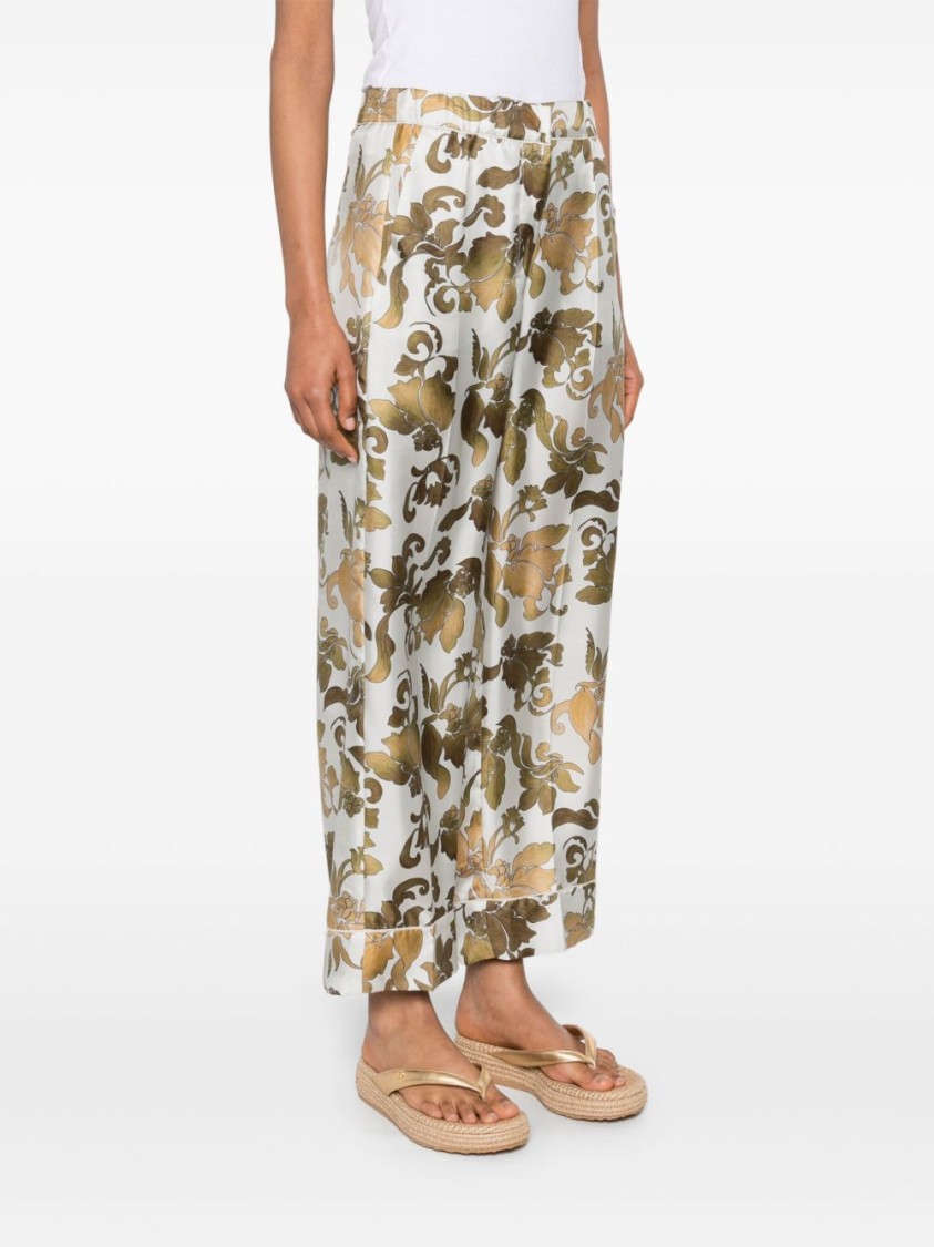 Max Mara Floral Patterned Yellow Silk Trousers In Green