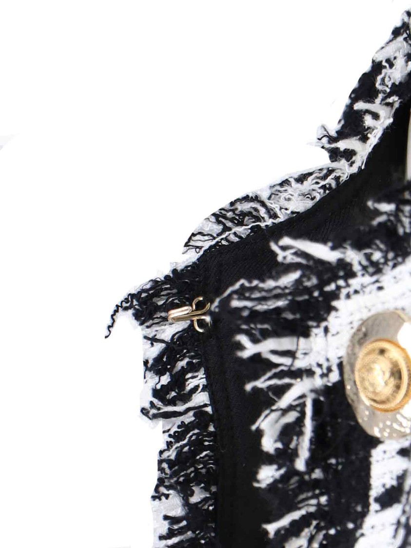 Balmain Spencer Black And White Jacket With All-over Check Motif And Fringed Hem In Cotton Blend Woman In Black
