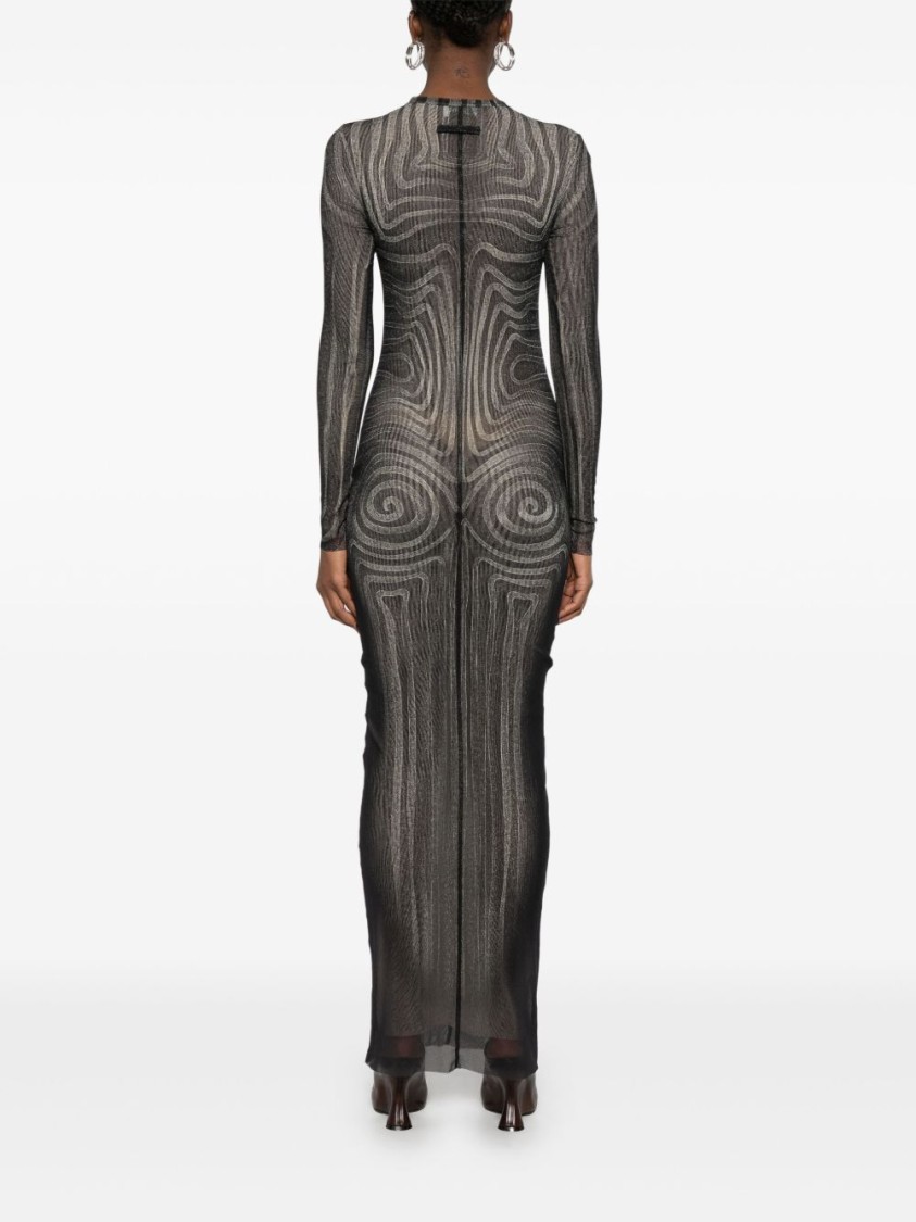 Jean Paul Gaultier Printed Spiraral Long Dress Woman Black In Black