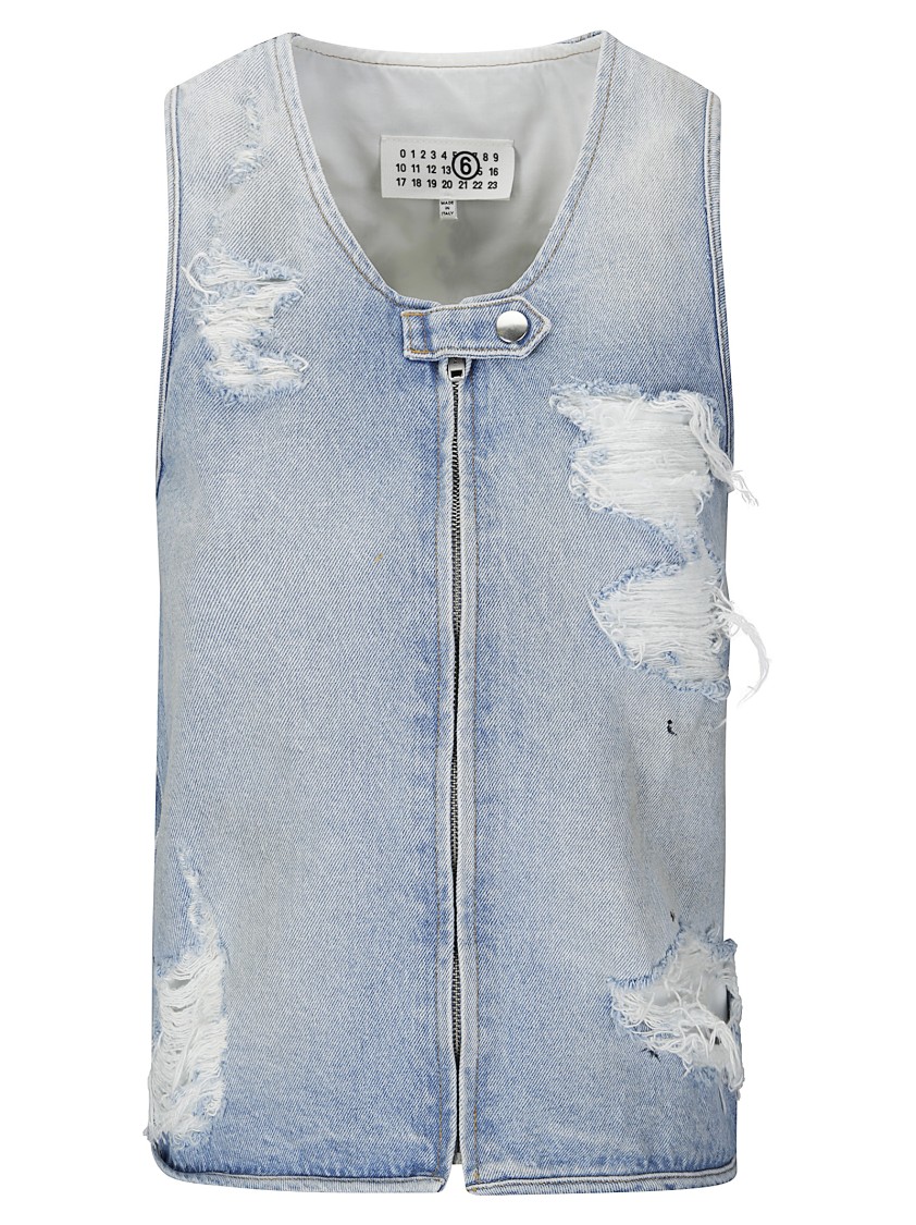 Mm6 Maison Margiela Mm6 By Maison Margiela Sleeveless Front-zip Top In Distressed Denim