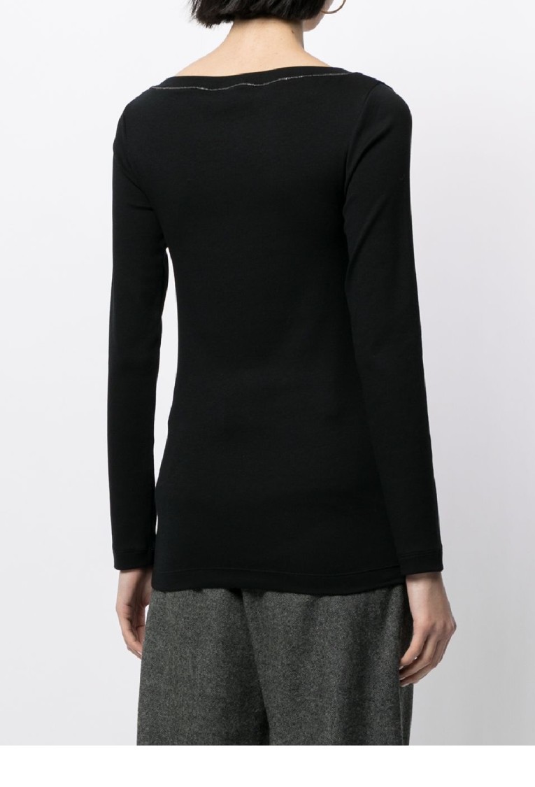 Brunello Cucinelli Black V-neck Pullover With Beads Detailing In Brown